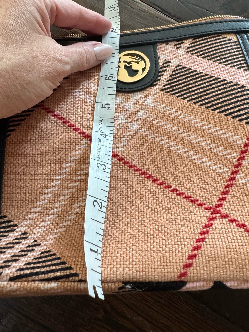 Spartina 449 Peach Black Plaid Shoulder Bag with Black Leather Trim - Picture 12 of 16